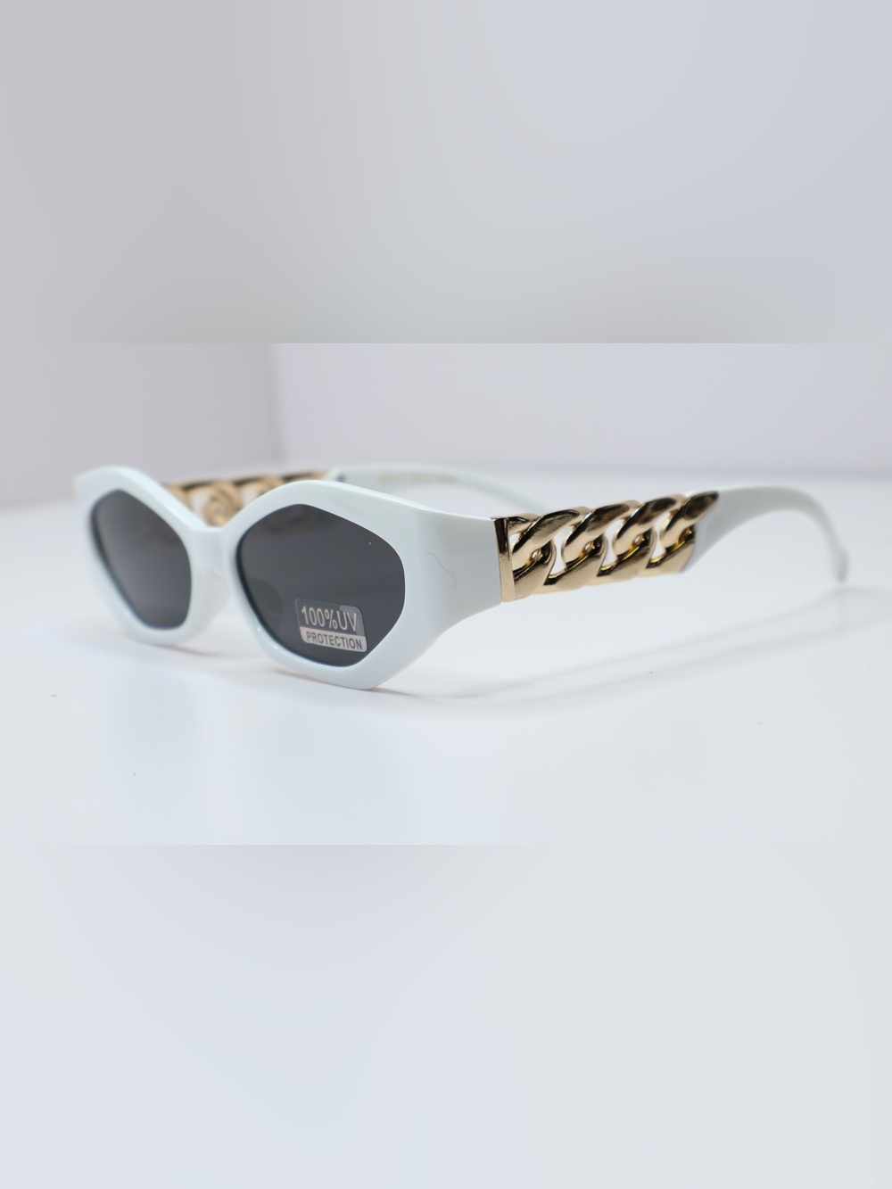 White Oval Sunglasses with Gold Chain Temples